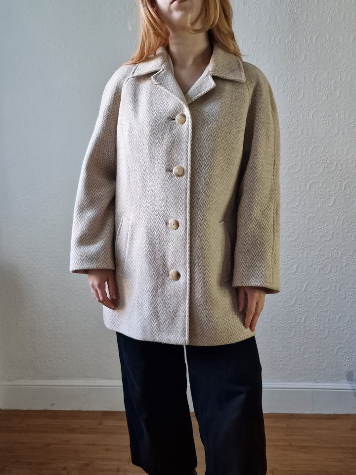 Vintage 80s Cream & Beige Single Breasted Wool Coat - M