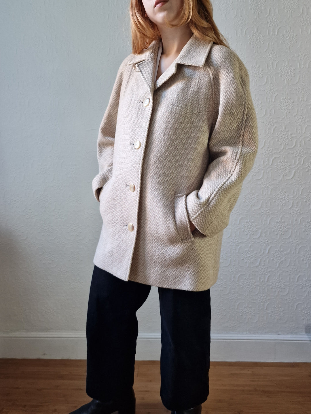 Vintage 80s Cream & Beige Single Breasted Wool Coat - M