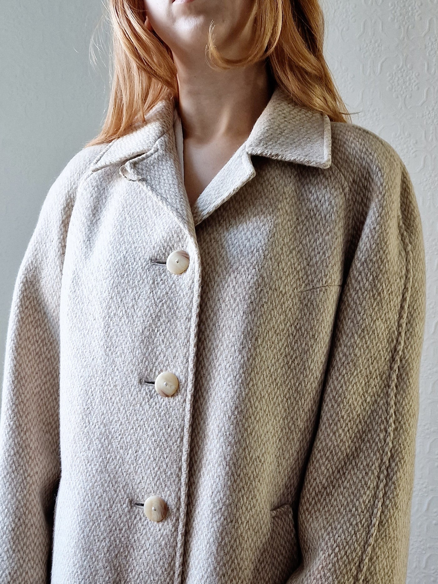 Vintage 80s Cream & Beige Single Breasted Wool Coat - M