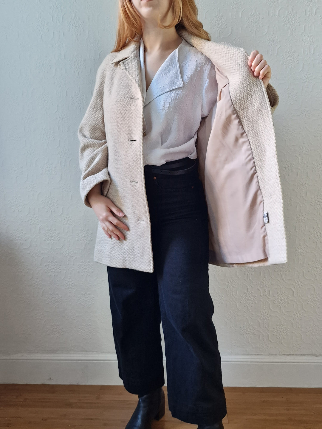 Vintage 80s Cream & Beige Single Breasted Wool Coat - M