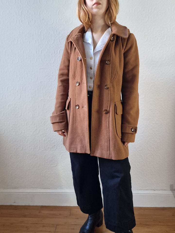 Vintage Tan Brown Duffle Style Coat with Hood - S