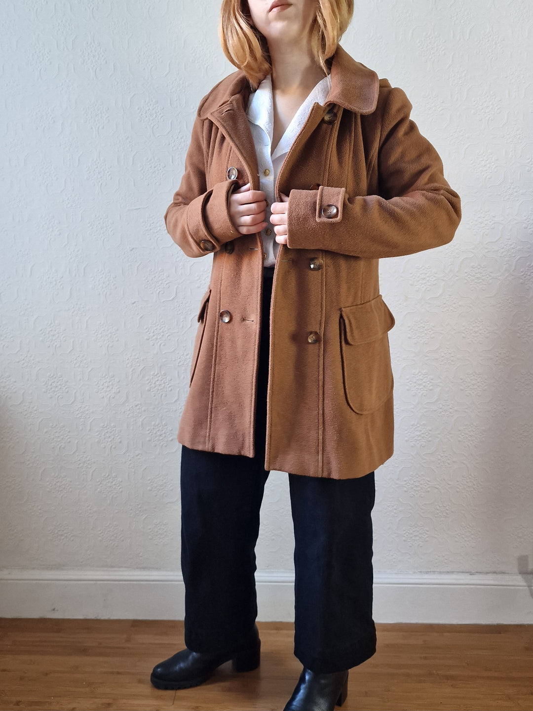 Vintage Tan Brown Duffle Style Coat with Hood - S