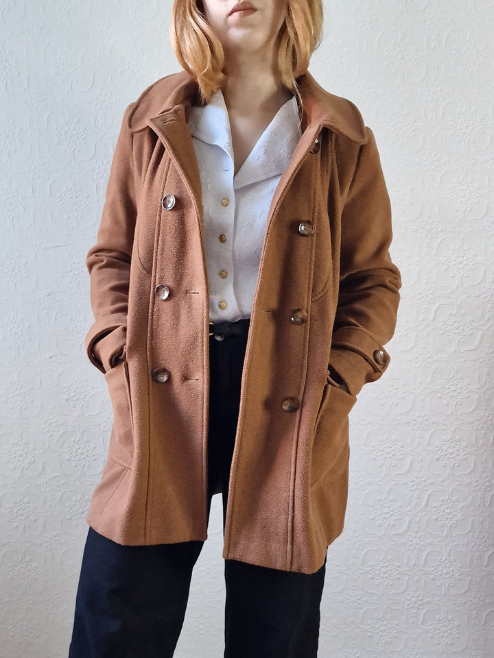 Vintage Tan Brown Duffle Style Coat with Hood - S