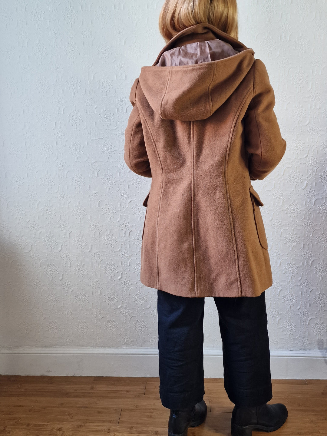 Vintage Tan Brown Duffle Style Coat with Hood - S