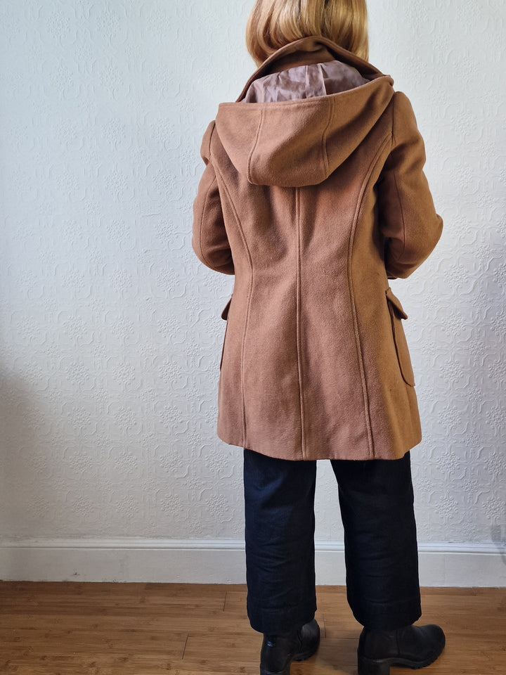 Vintage Tan Brown Duffle Style Coat with Hood - S