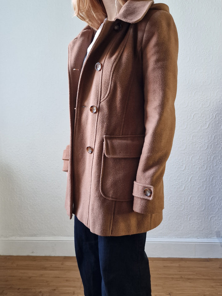 Vintage Tan Brown Duffle Style Coat with Hood - S