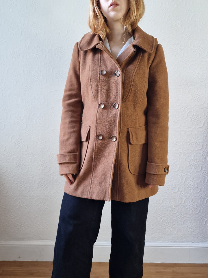 Vintage Tan Brown Duffle Style Coat with Hood - S