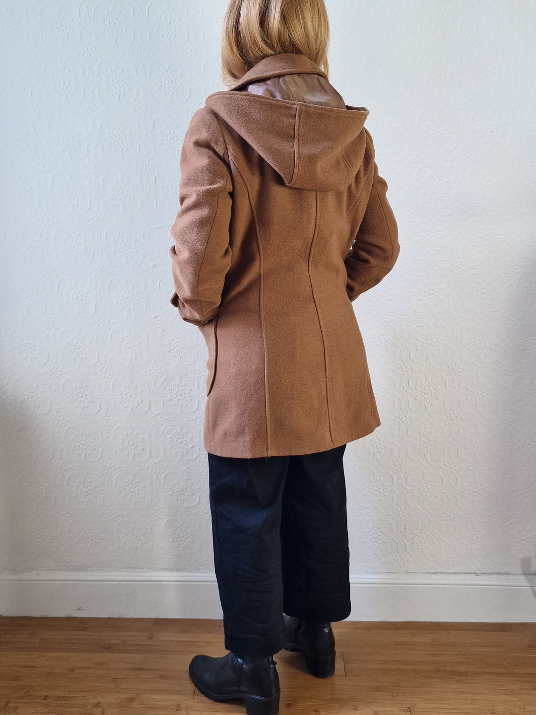 Vintage Tan Brown Duffle Style Coat with Hood - S