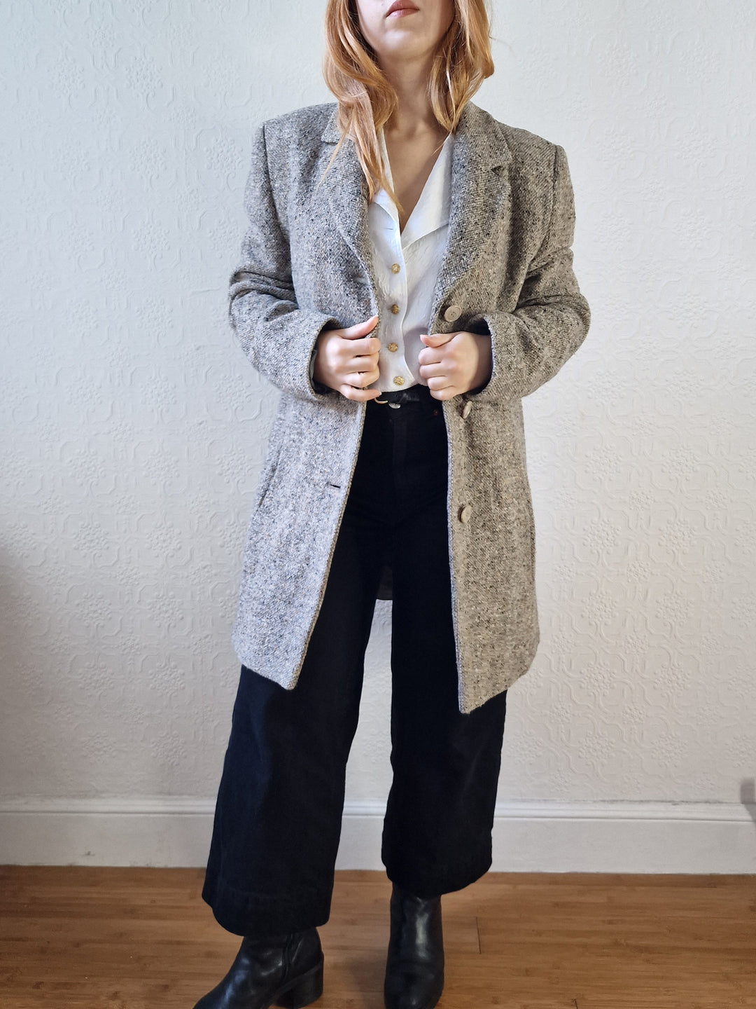 Vintage Light Grey Speckled Wool Single Breasted Coat - M