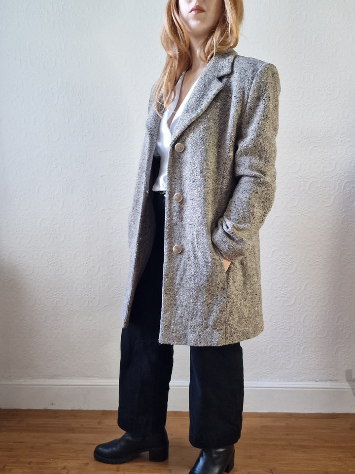 Vintage Light Grey Speckled Wool Single Breasted Coat - M