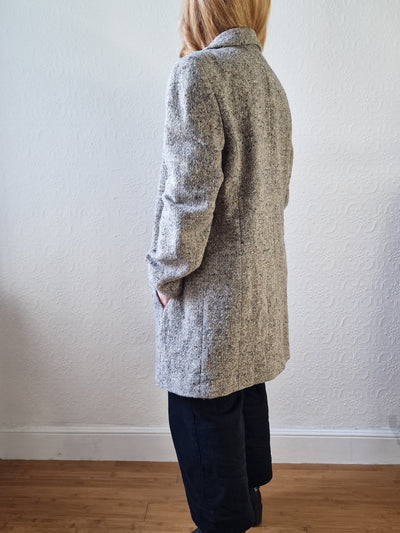Vintage Light Grey Speckled Wool Single Breasted Coat - M