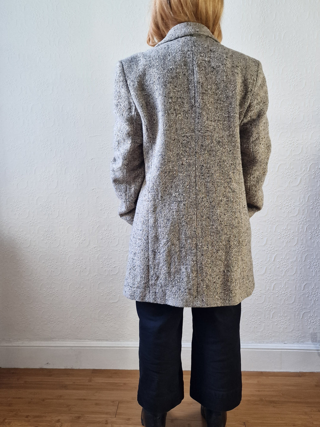 Vintage Light Grey Speckled Wool Single Breasted Coat - M