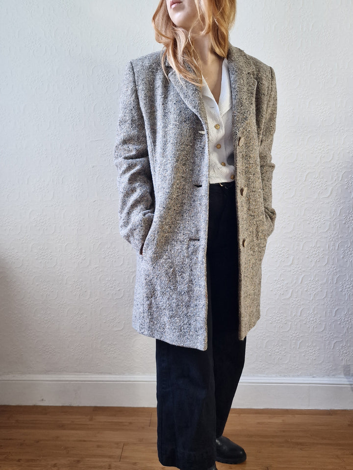 Vintage Light Grey Speckled Wool Single Breasted Coat - M