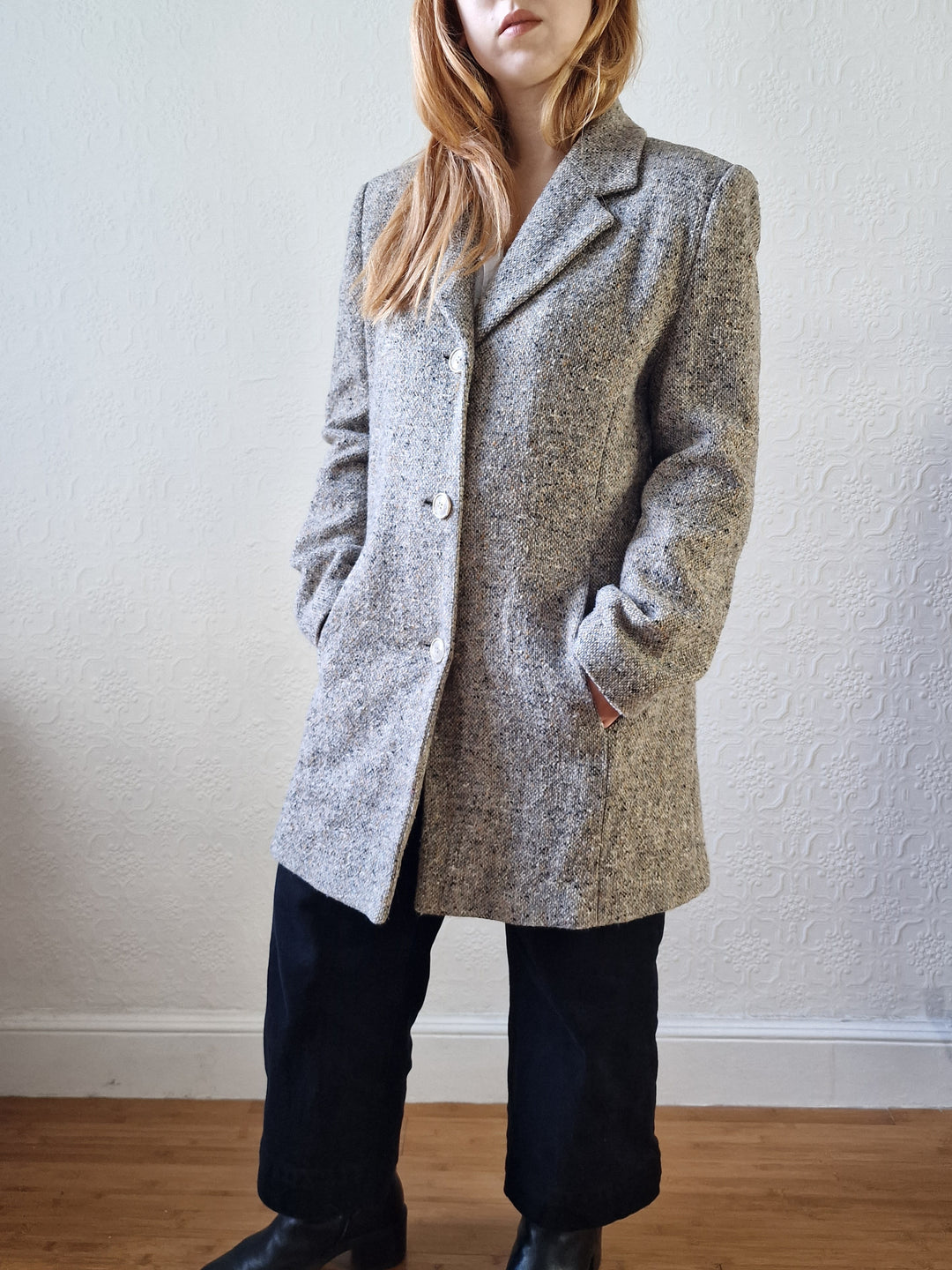 Vintage Light Grey Speckled Wool Single Breasted Coat - M