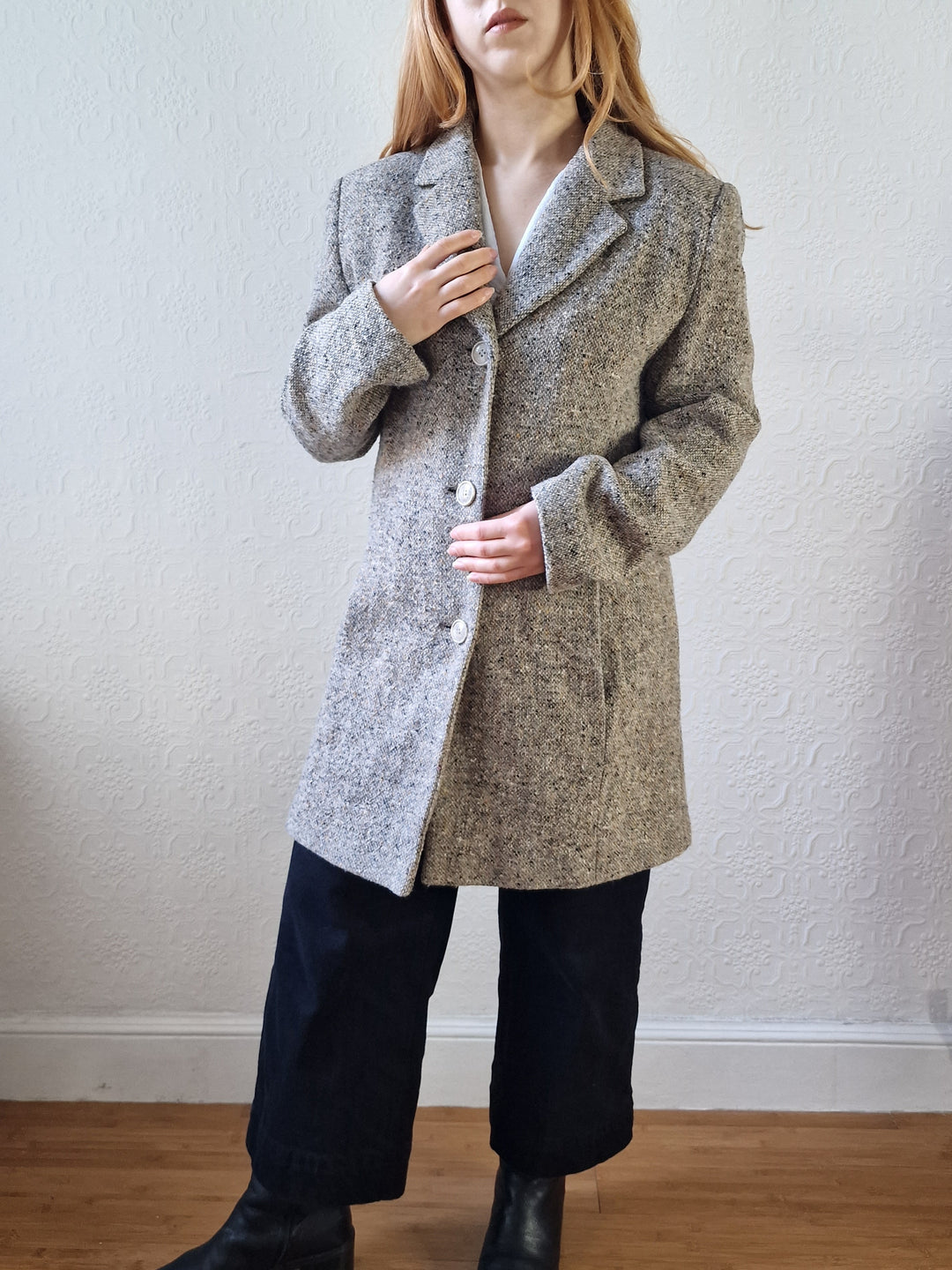 Vintage Light Grey Speckled Wool Single Breasted Coat - M