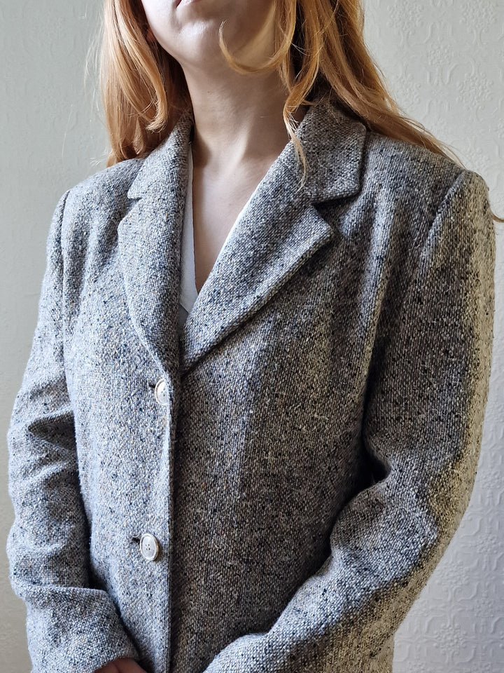 Vintage Light Grey Speckled Wool Single Breasted Coat - M