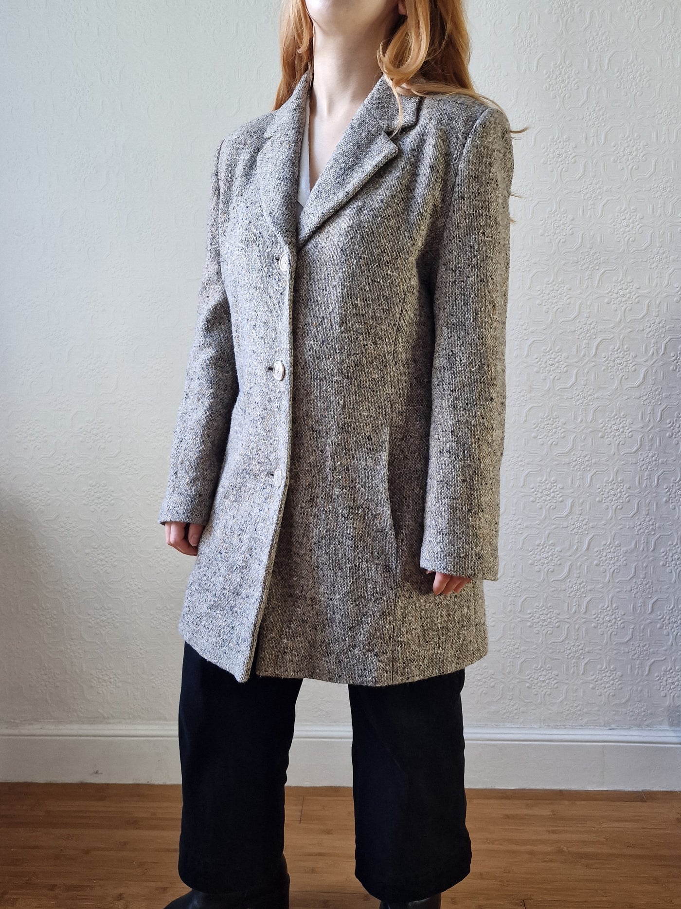 Vintage Light Grey Speckled Wool Single Breasted Coat - M