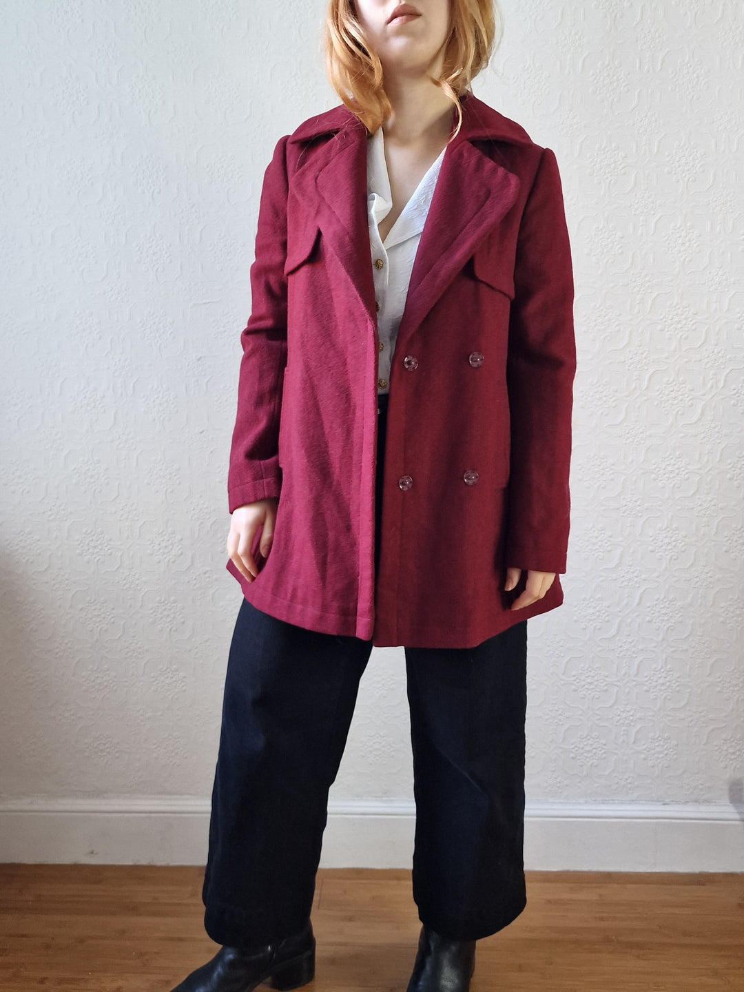 Vintage Burgundy Wool Double Breasted Short Coat - XS/S