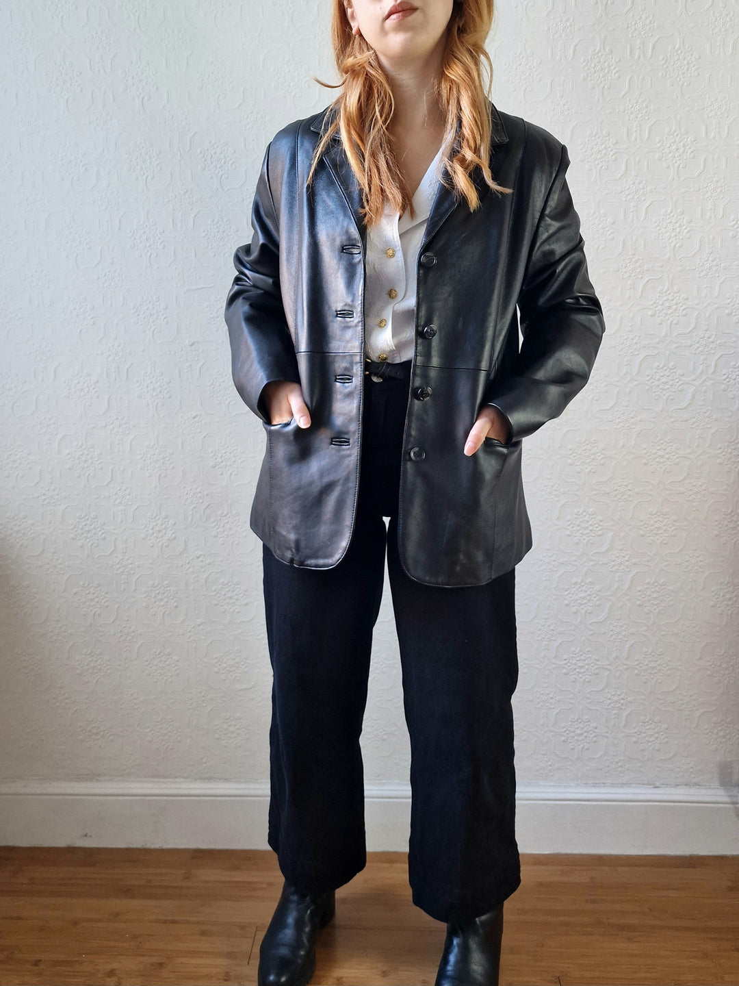 Vintage 90s Black 100% Genuine Leather Blazer Style Jacket - M