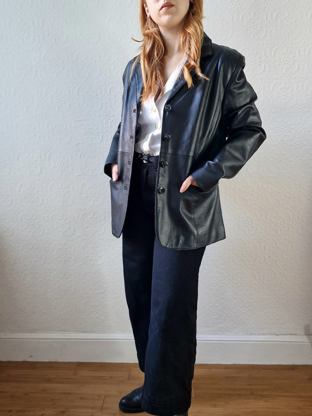 Vintage 90s Black 100% Genuine Leather Blazer Style Jacket - M