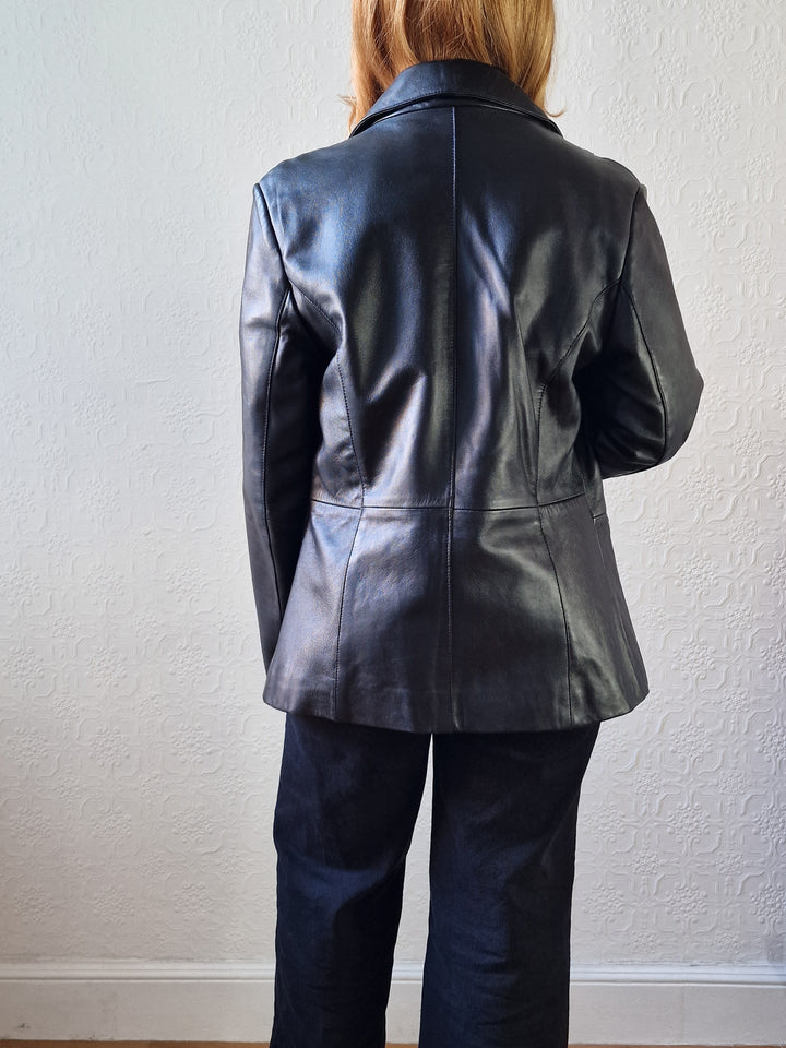 Vintage 90s Black 100% Genuine Leather Blazer Style Jacket - M