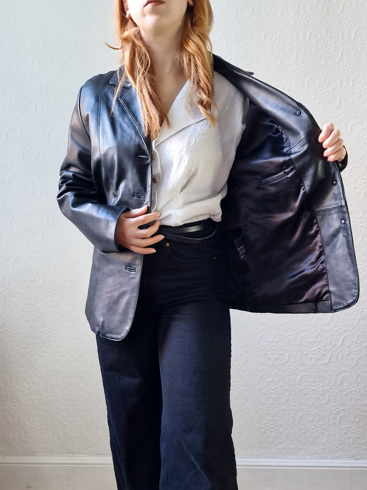 Vintage 90s Black 100% Genuine Leather Blazer Style Jacket - M