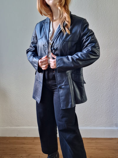 Vintage 90s Dark Navy Blue 100% Genuine Leather Blazer Style Jacket - S/M