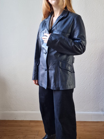 Vintage 90s Dark Navy Blue 100% Genuine Leather Blazer Style Jacket - S/M