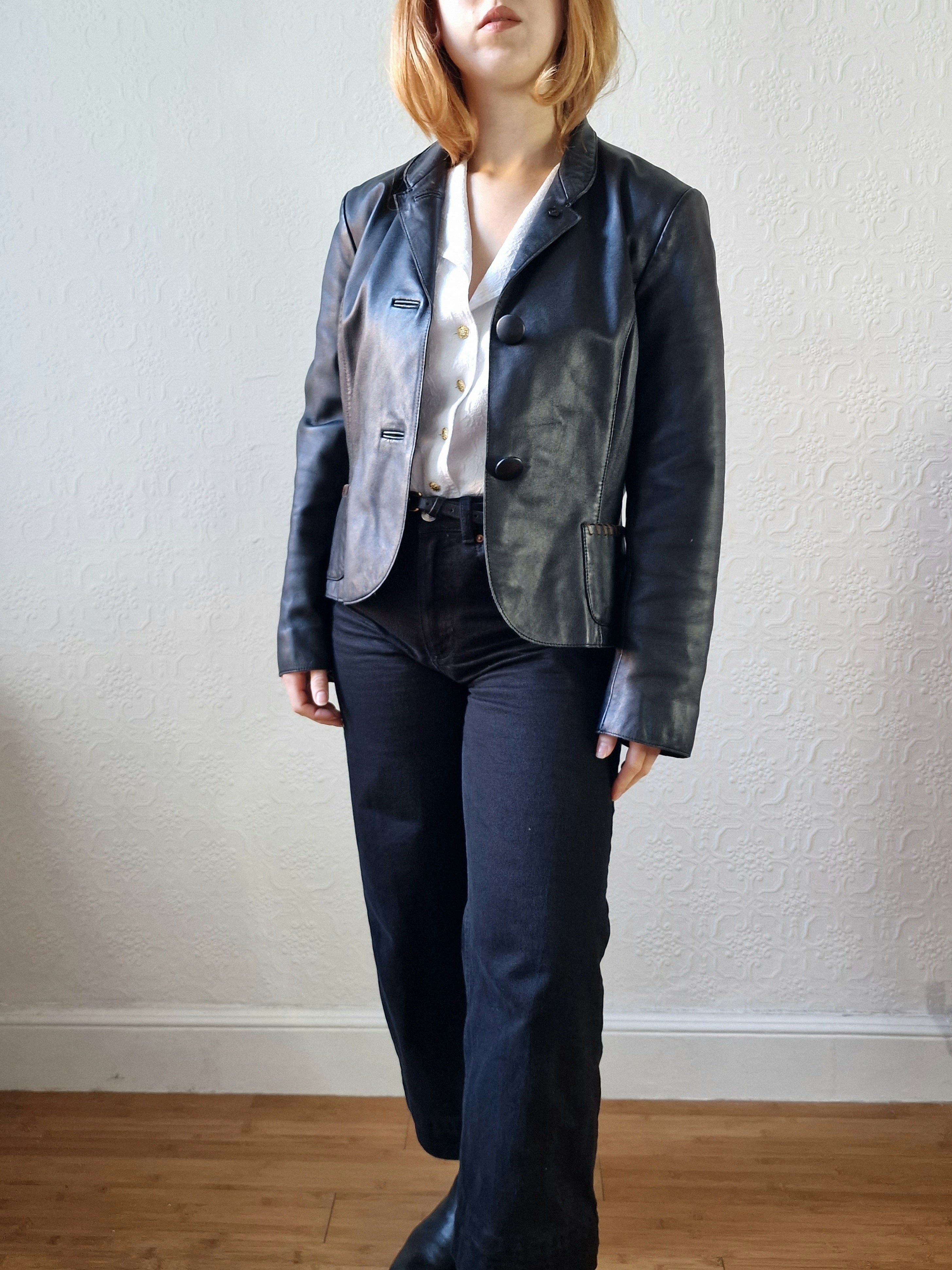 90s vintage レザージャケット ブラックレザーブレザー archive Vintage 90s Black 100% Genuine Leather Blazer Style Jacket