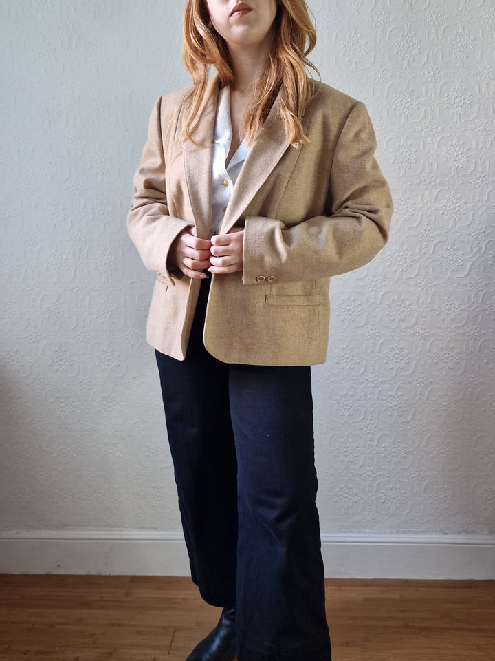 Vintage 90s Camel Beige Pure Wool Blazer - M