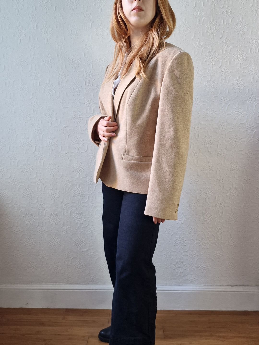 Vintage 90s Camel Beige Pure Wool Blazer - M