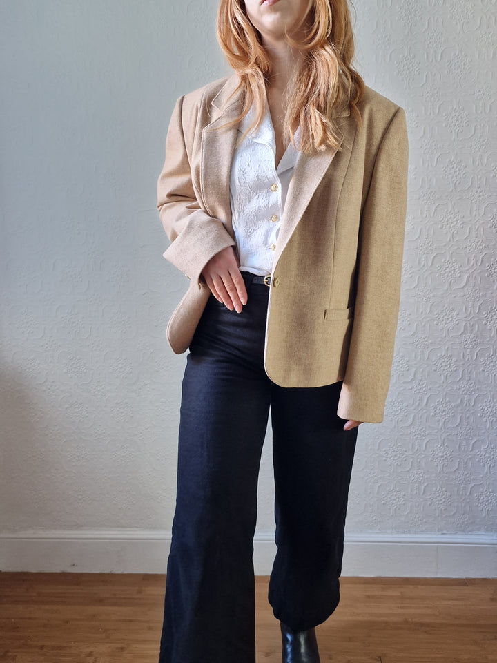 Vintage 90s Camel Beige Pure Wool Blazer - M