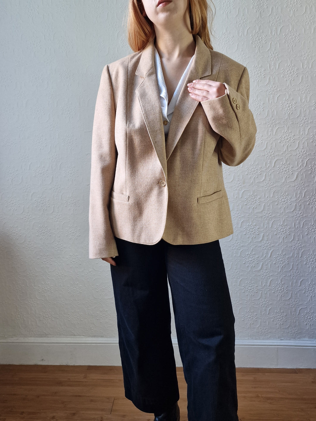 Vintage 90s Camel Beige Pure Wool Blazer - M