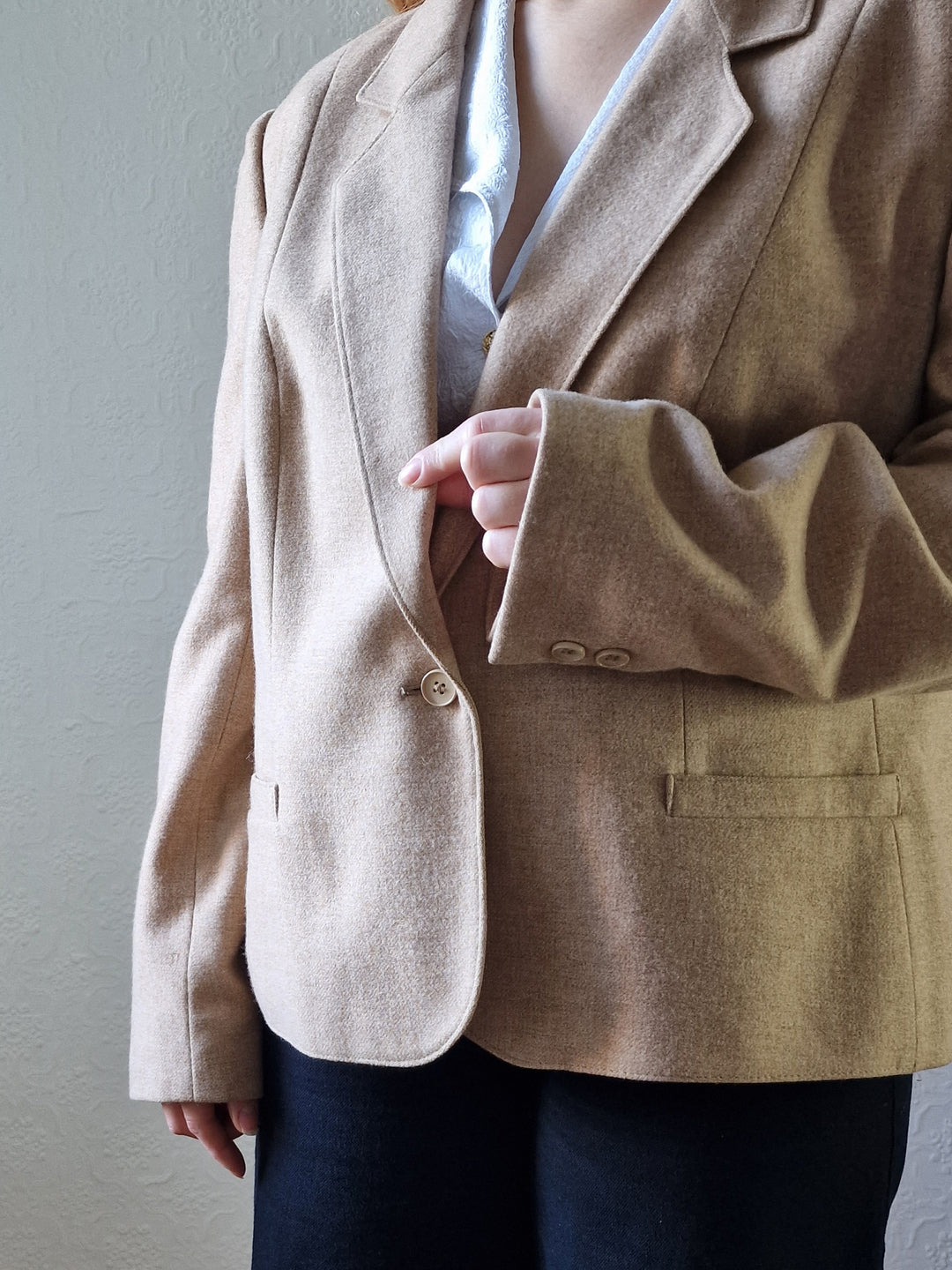 Vintage 90s Camel Beige Pure Wool Blazer - M