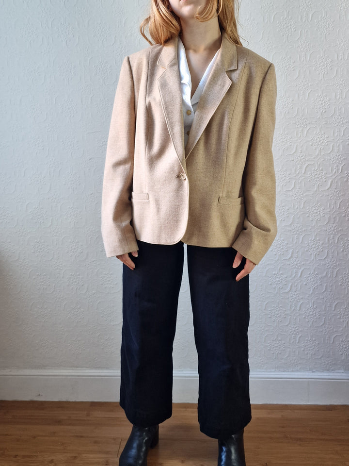 Vintage 90s Camel Beige Pure Wool Blazer - M