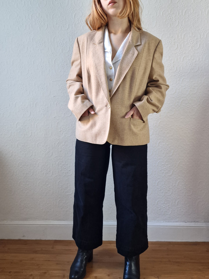 Vintage 90s Camel Beige Pure Wool Blazer - M