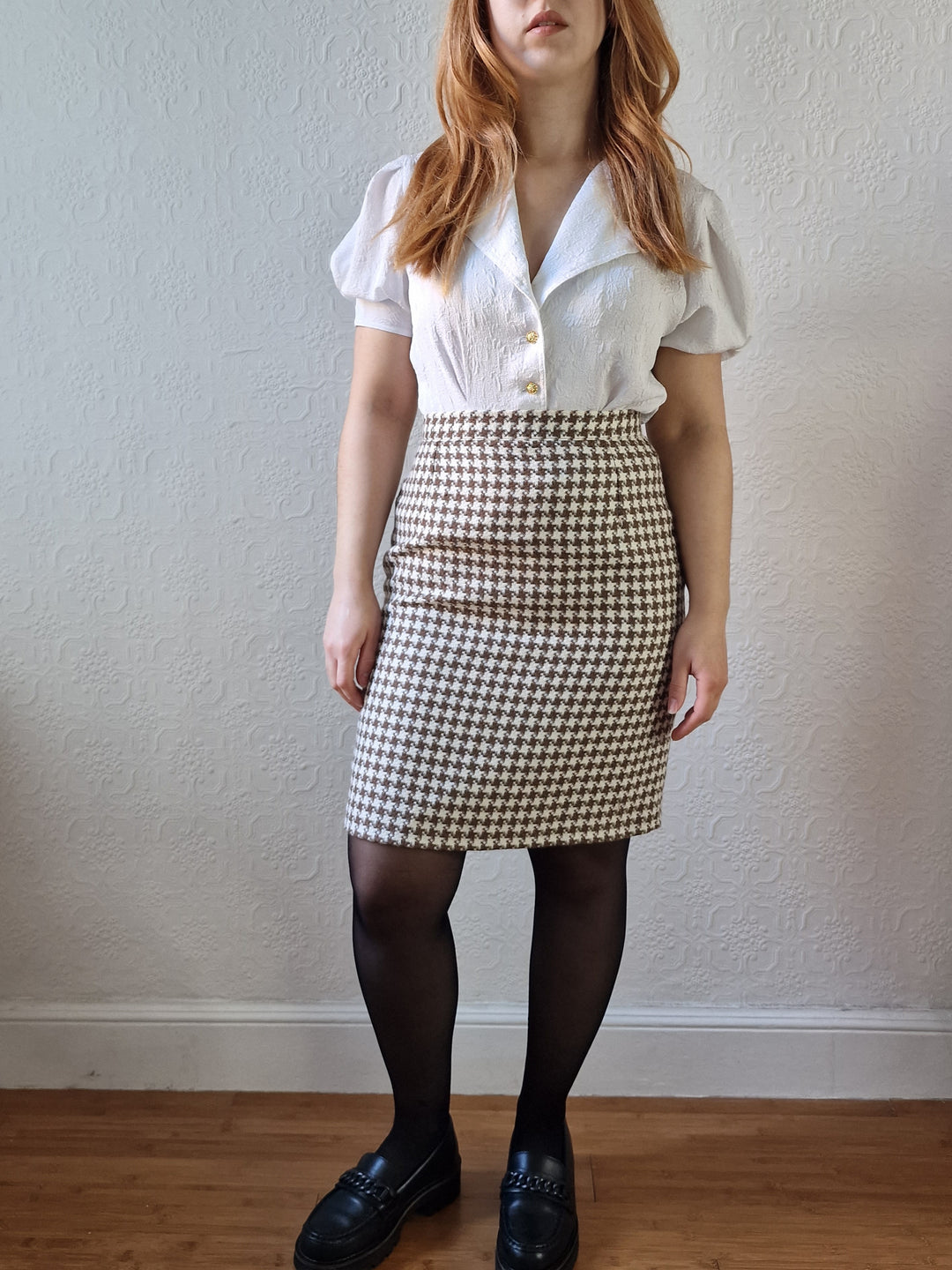 Vintage 90s High Waisted Cream & Brown Houndstooth Skirt - S