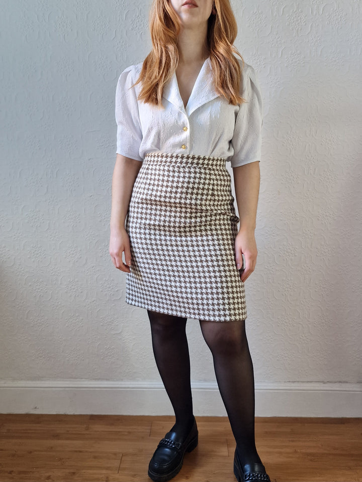 Vintage 90s High Waisted Cream & Brown Houndstooth Skirt - S