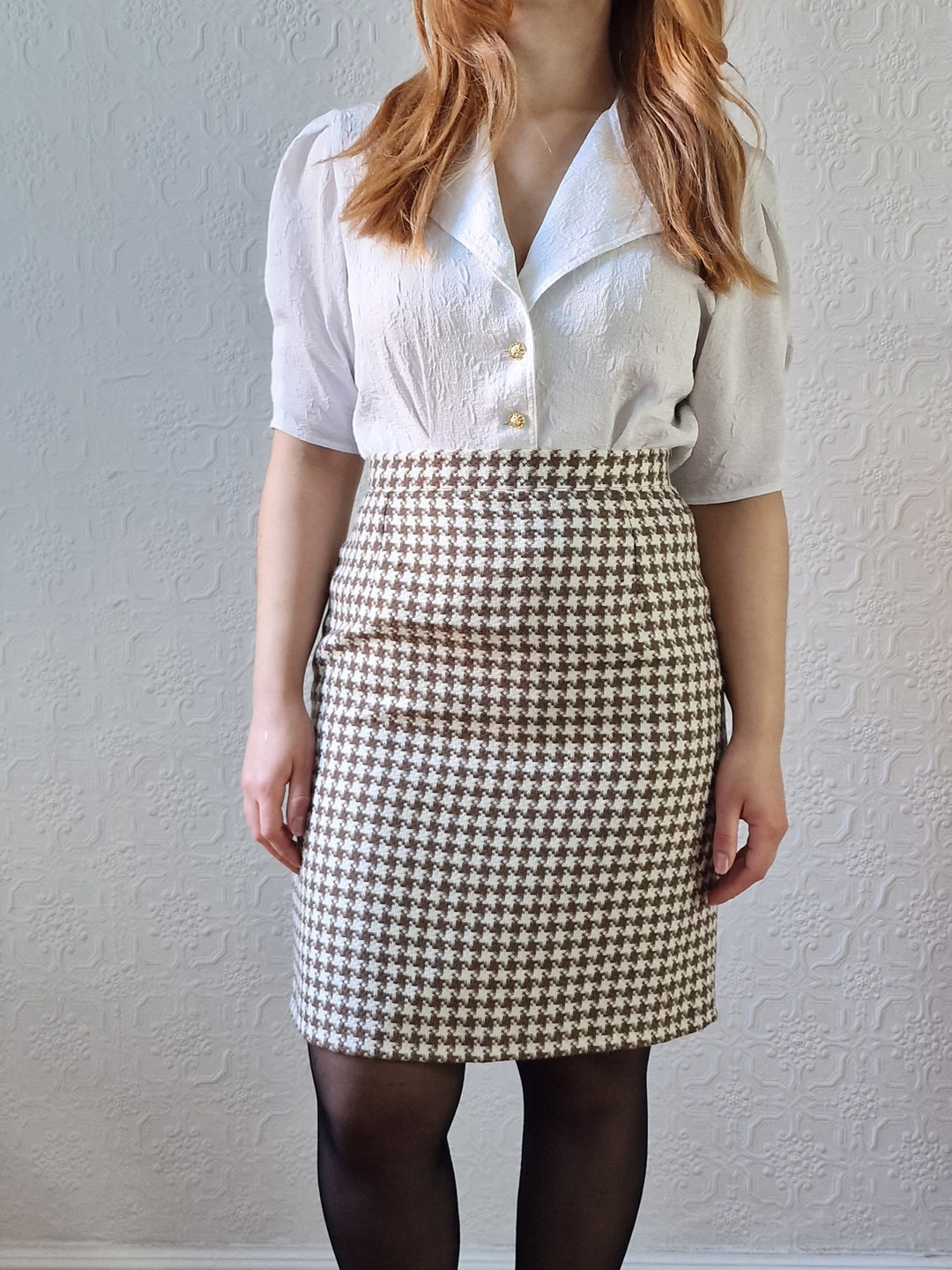 Vintage 90s High Waisted Cream & Brown Houndstooth Skirt - S