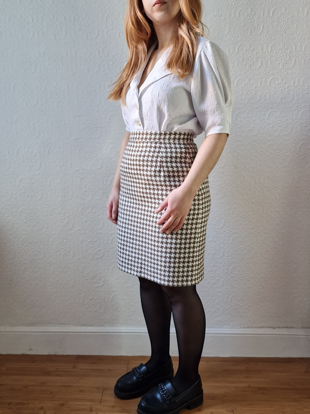 Vintage 90s High Waisted Cream & Brown Houndstooth Skirt - S