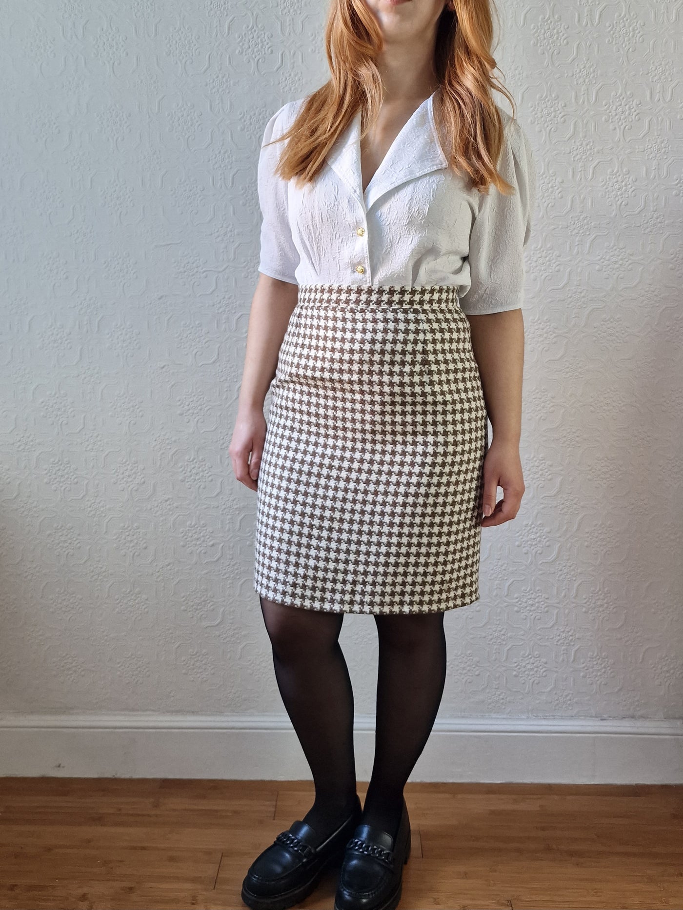 Vintage 90s High Waisted Cream & Brown Houndstooth Skirt - S