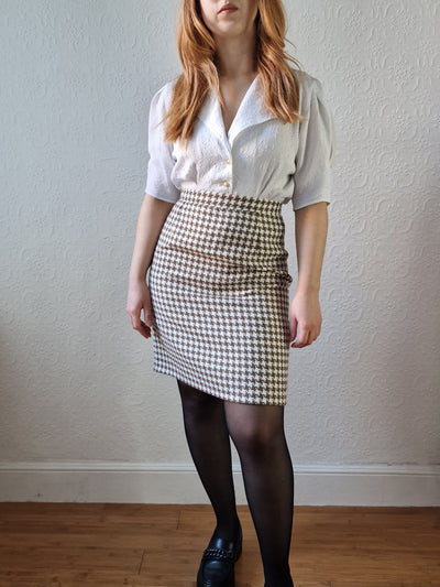 Vintage 90s High Waisted Cream & Brown Houndstooth Skirt - S