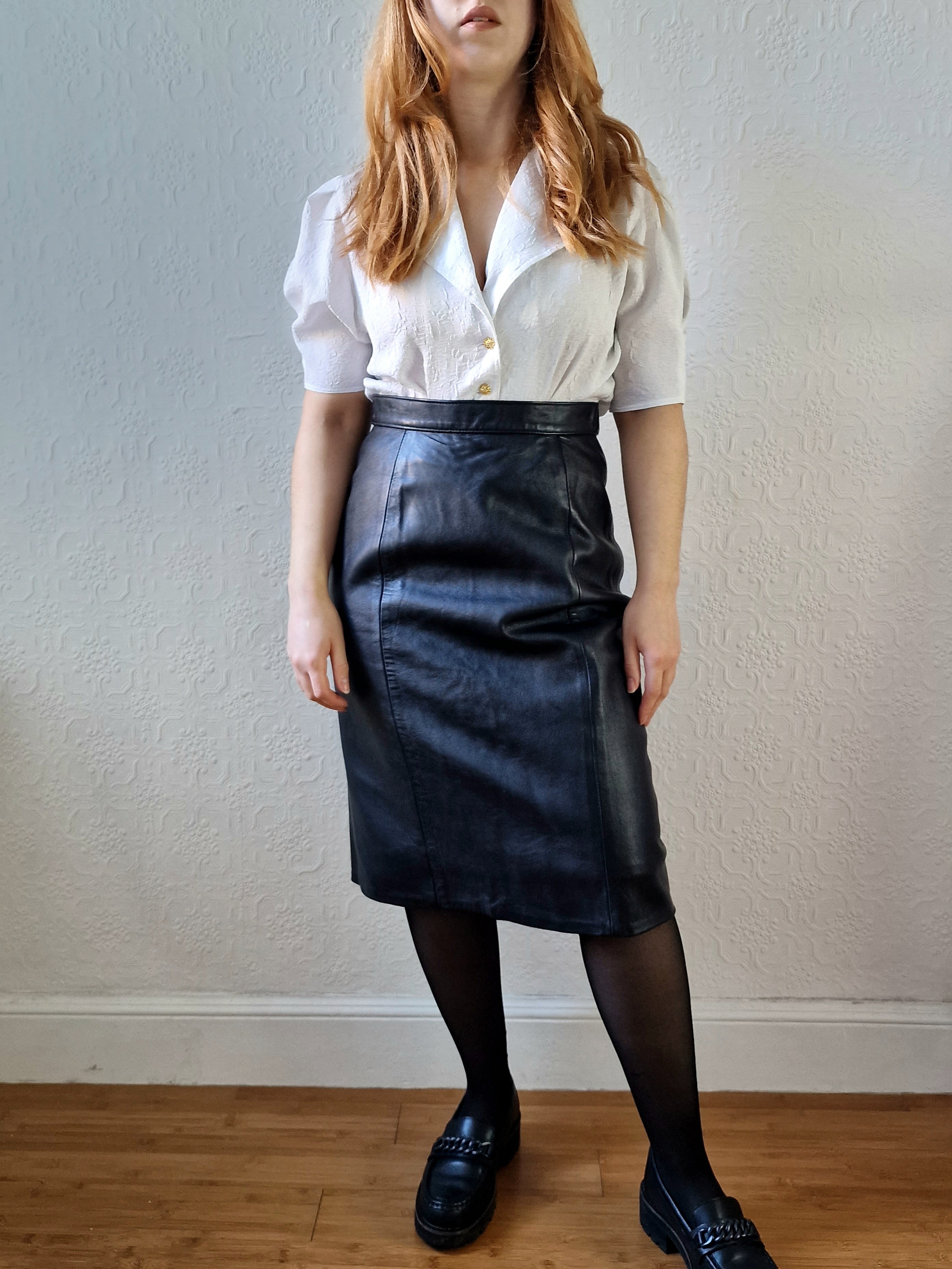 Vintage Black 100 Genuine Leather Midi Skirt S TORN vintage