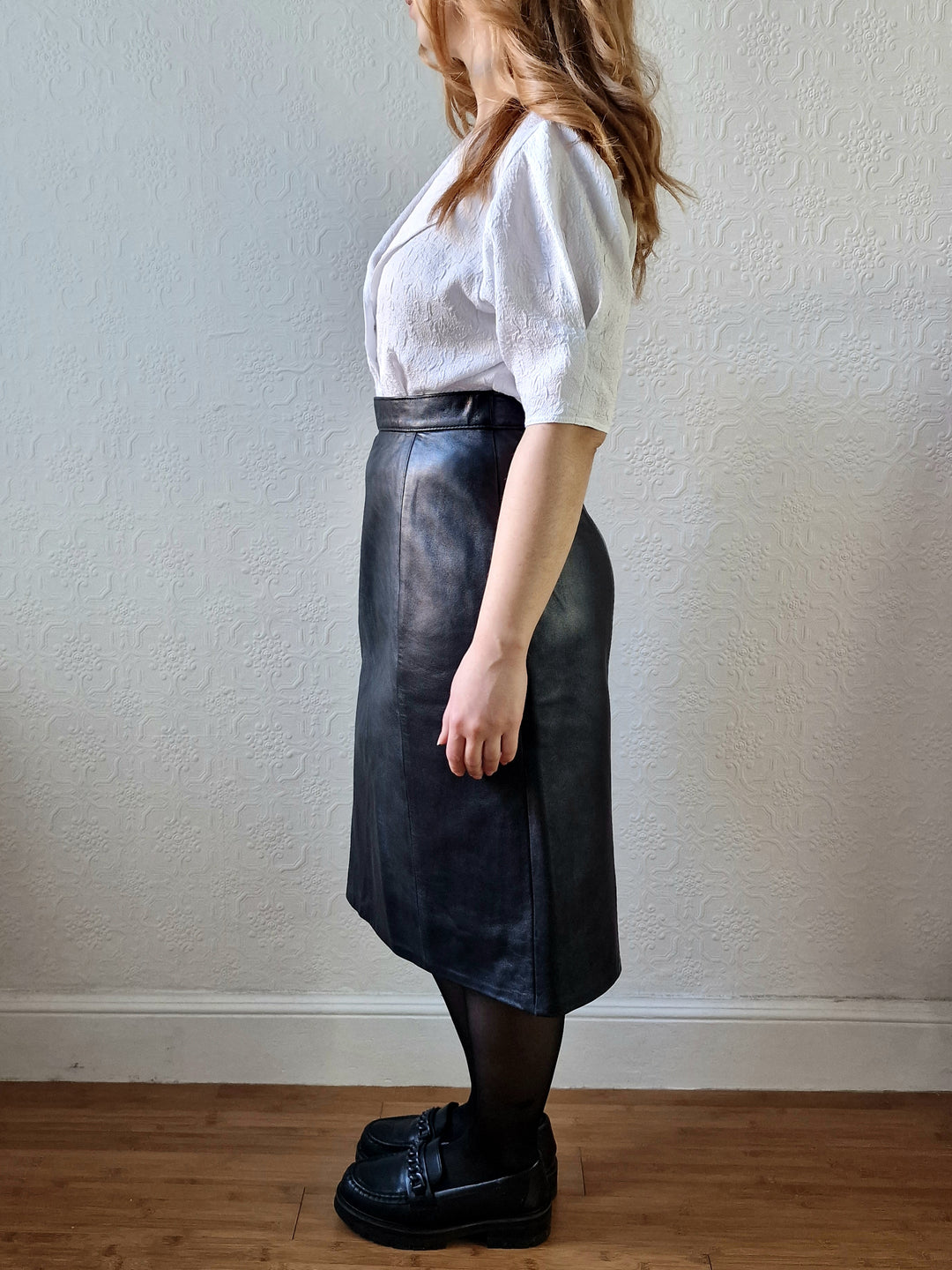 Vintage Black 100% Genuine Leather Midi Skirt - S