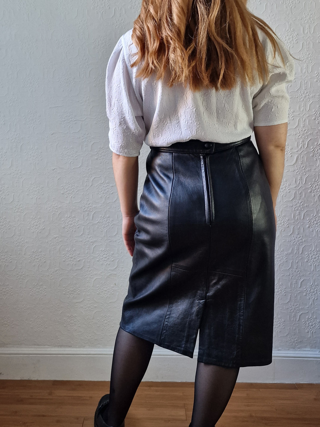 Vintage Black 100% Genuine Leather Midi Skirt - S