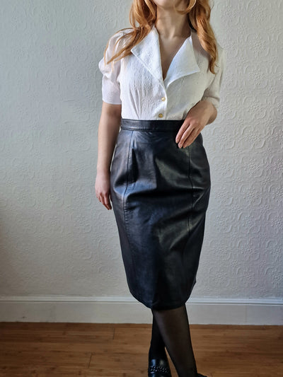 Vintage Black 100% Genuine Leather Midi Skirt - S