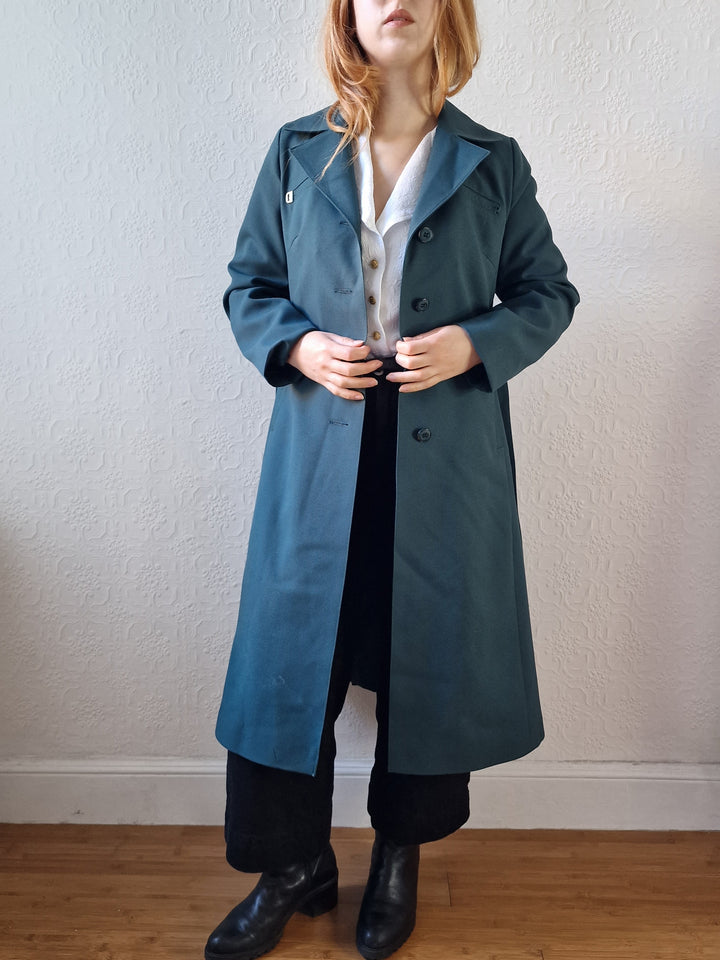 Vintage Dark Teal Green Single Breasted Trench Coat with Belt - S