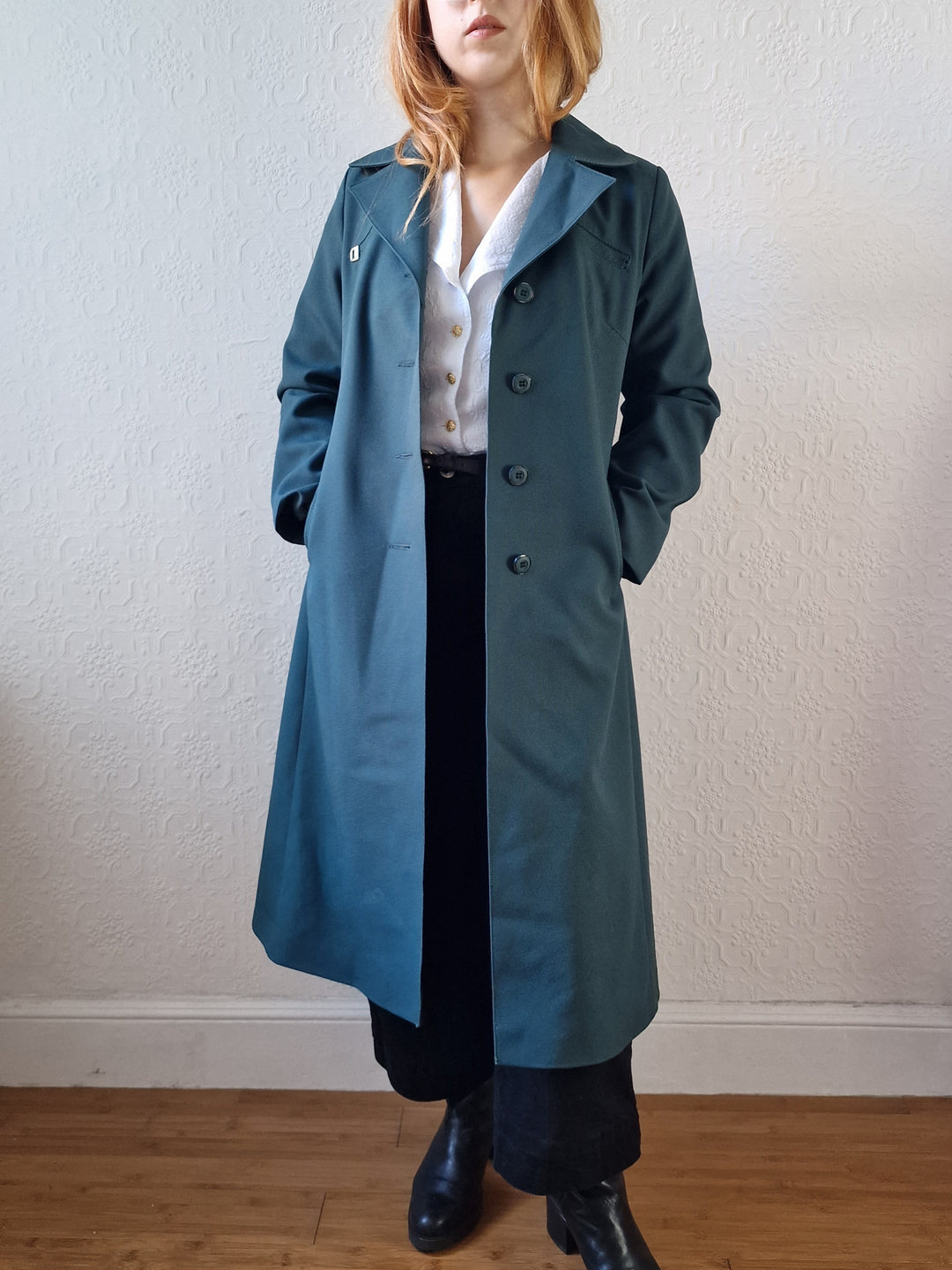 Vintage Dark Teal Green Single Breasted Trench Coat with Belt - S