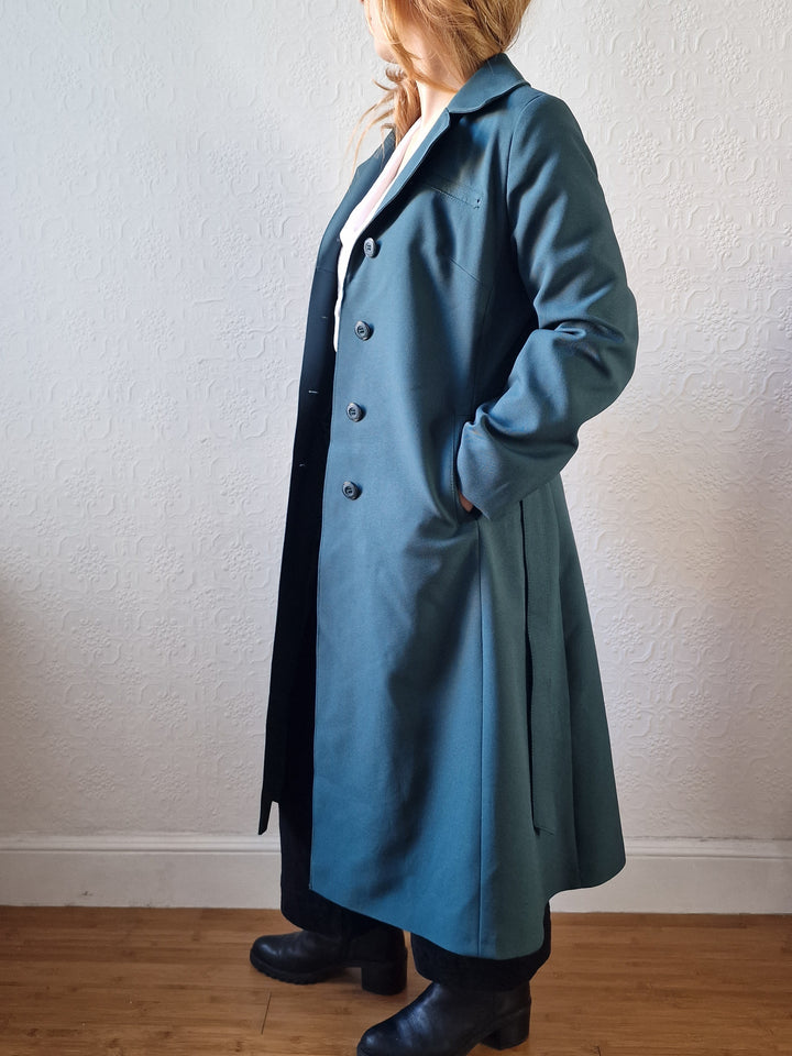 Vintage Dark Teal Green Single Breasted Trench Coat with Belt - S