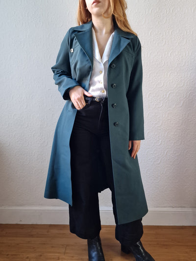 Vintage Dark Teal Green Single Breasted Trench Coat with Belt - S